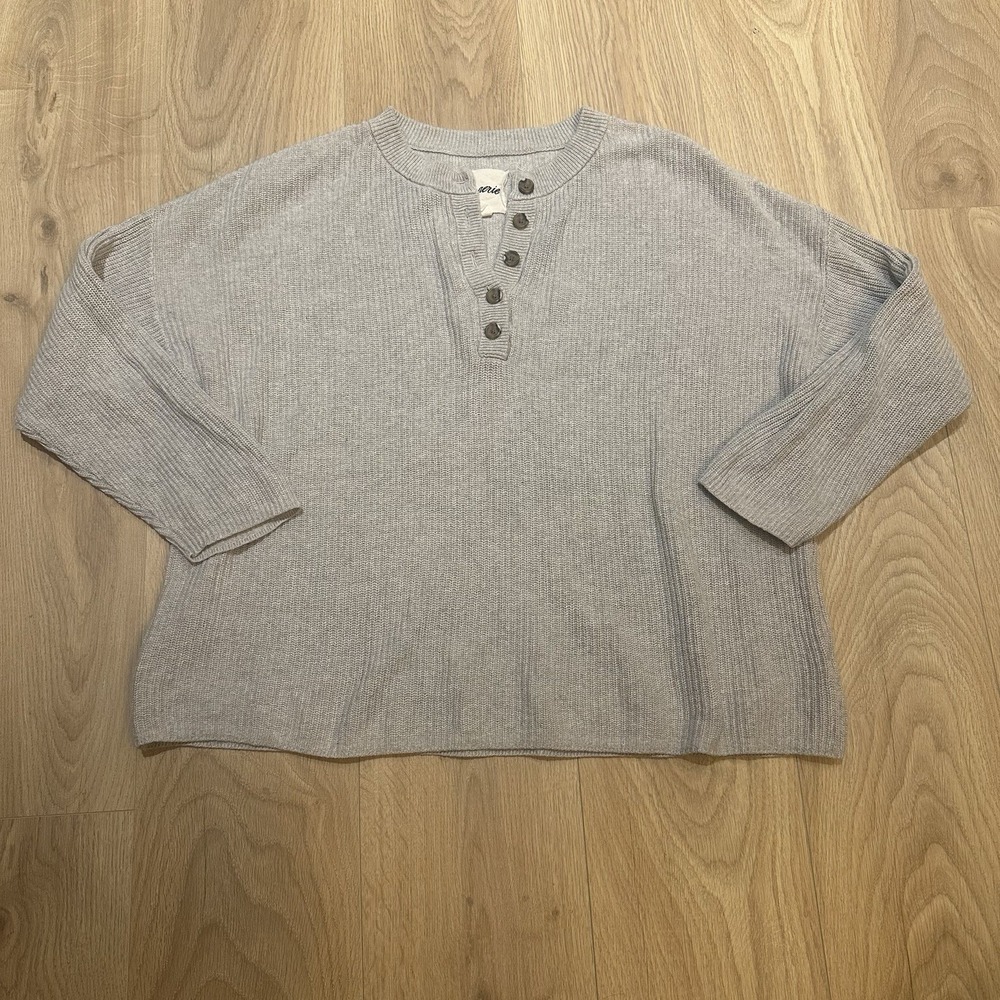 Aerie Women's Gray Ribbed Knit Henley Sweater 100% Cotton Long Sleeve Size Large